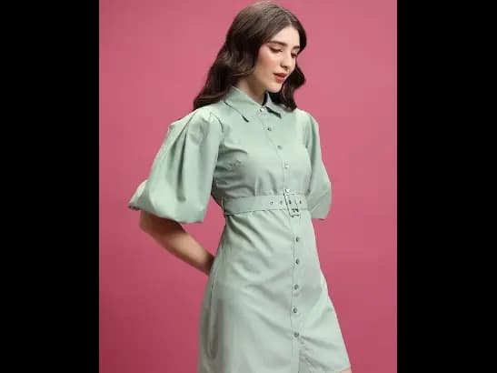 Green Puff Sleeves Shirt Mini Dress (2)