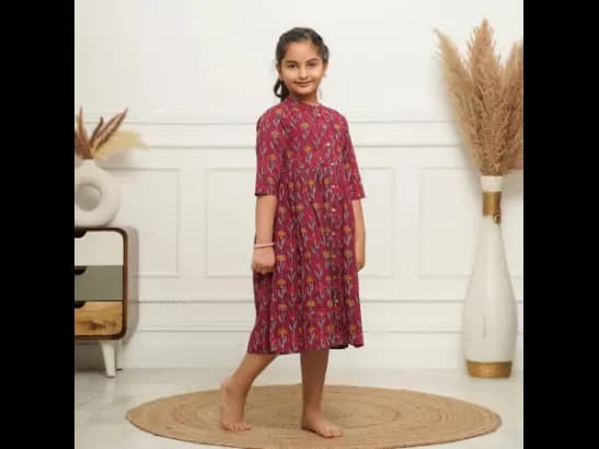 HAND BLOCK PRINT MAROON FLOWER MOM AND DAUGHTER DRESSES (3)