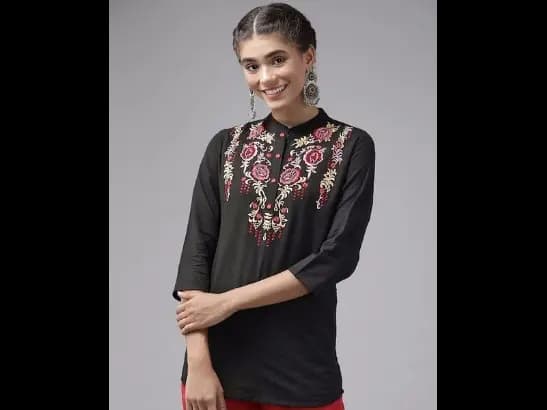 Black Floral Embroidered Mandarin Collar Top
