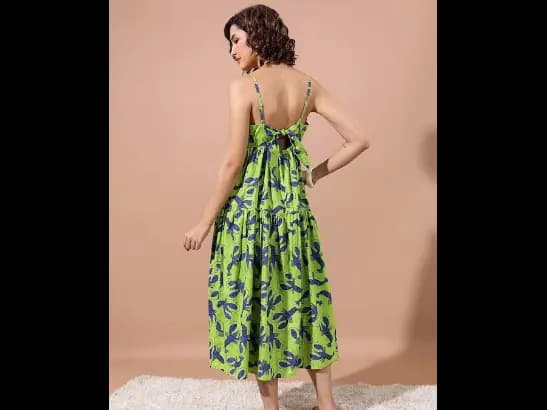 Orange Conversational Printed Shoulder Straps Gathered Cotton A-Line Midi Dress (4)