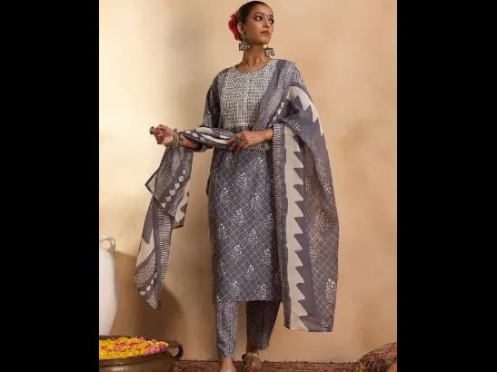 Floral Printed Pure Cotton Straight Kurta with Trousers & Dupatta