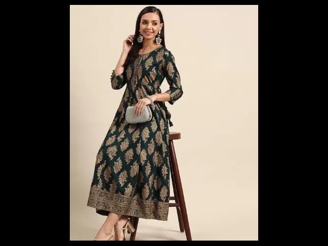 Green Gold-Toned Ethnic Motifs Ethnic Midi Dress (2)