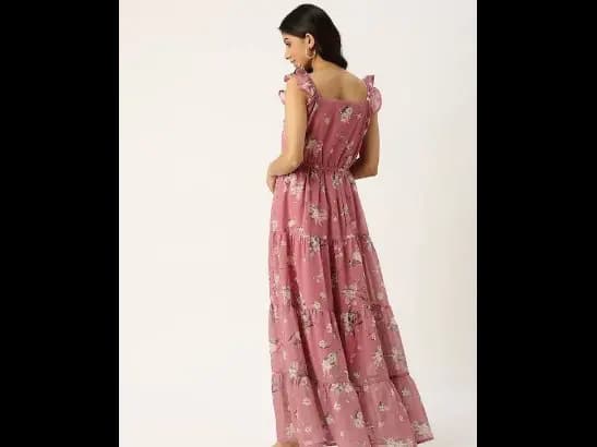 Pink & Beige Floral Print Tiered Maxi Dress (3)