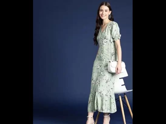 Floral Print Puff Sleeves A-Line Midi Dress (4)