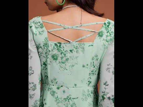 Green Floral Printed Square Neck Puff Sleeves Split Hem A-Line Dress (5)