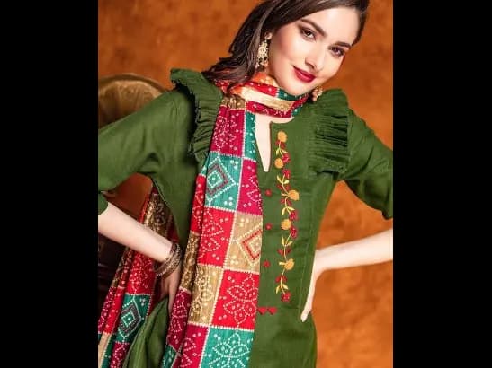 Floral Embroidered Ruffled Pure Cotton Kurta With Patiala & Dupatta (2)