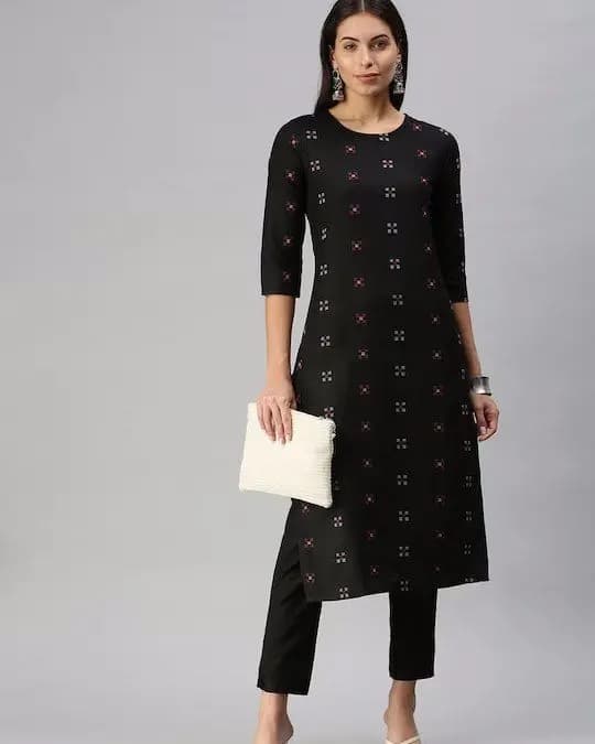 Black Pure Cotton Geometric Woven Design Kurta with Trousers (2)