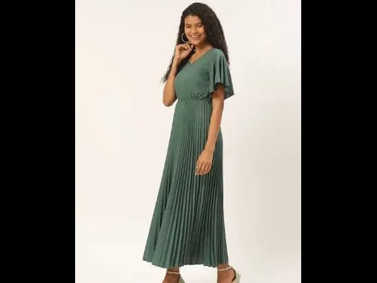Sage Green Solid Accordion Pleated Maxi Dress