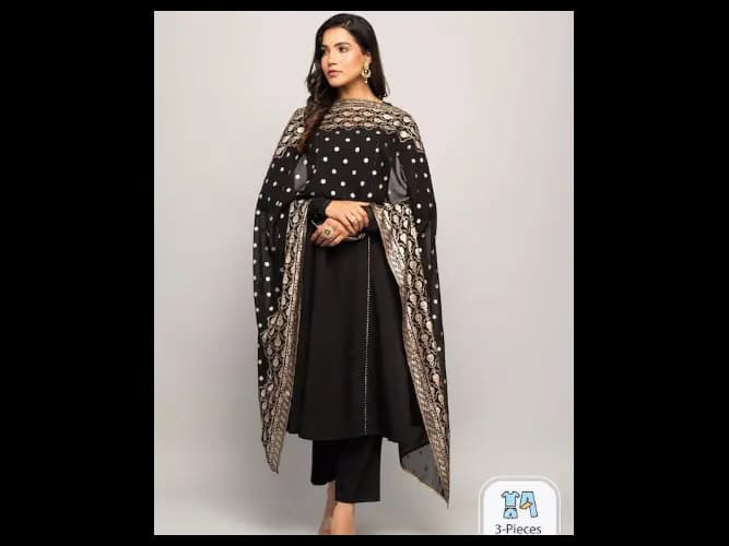 Crepe A-Line Kurta With Trousers & Dupatta