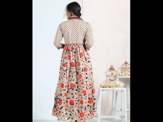 Beige & Orange Printed A-Line Dress (3)
