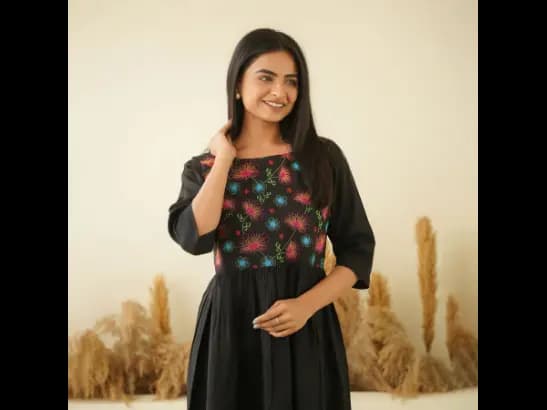 FLORAL EMBROIDERY ON BLACK RAYON DRESS WITH POCKETS (2)