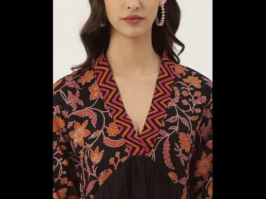Black Ethnic Motifs A-Line Gathered Midi Dress (2)