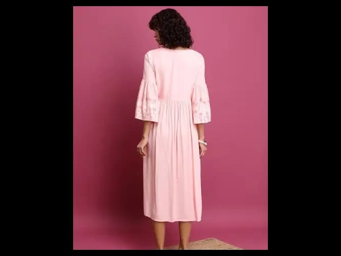 Pink Floral Printed Bell Sleeve Pleated A-Line Midi Dress (5)