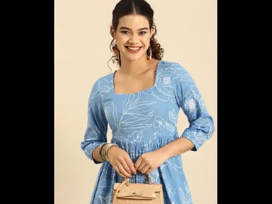 Blue & White Floral Square neck Fit N Flare Dress (2)