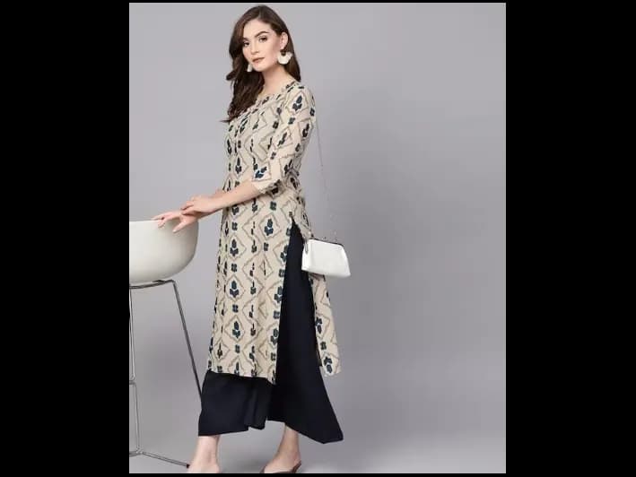 Beige & Blue Printed Kurta with Palazzos