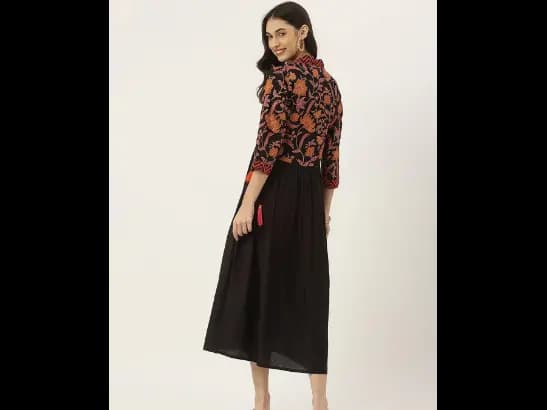 Black Ethnic Motifs A-Line Gathered Midi Dress (4)