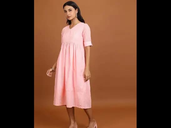 Pink Floral Embroidered Puff Sleeves Schiffli Fit and Flare Midi Dress (2)