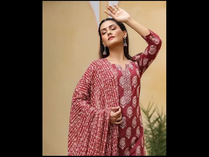 Maroon & White Printed Kurta with Trousers & Dupatta
