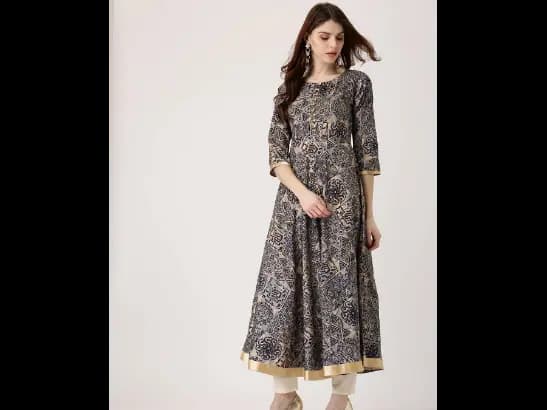 Navy Blue & Beige Printed Anarkali Kurta (3)