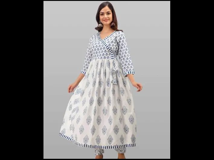 White Floral Printed Pure Cotton Kurta with Trousers & With Dupatta (2)