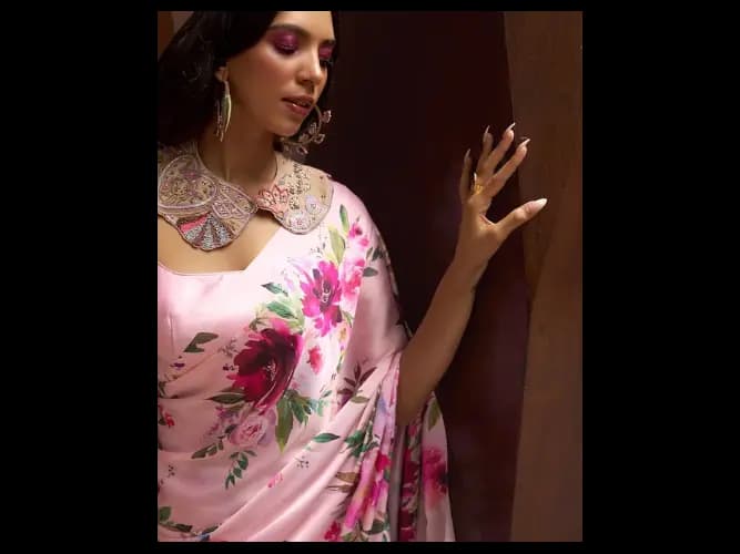Pink & Green Floral Satin Banarasi Saree (2)