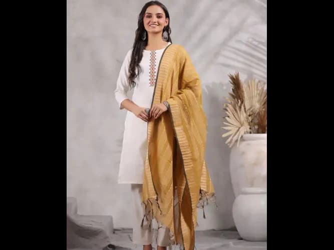 Thread Work Straight Pure Cotton Kurta with Trousers & Dupatta