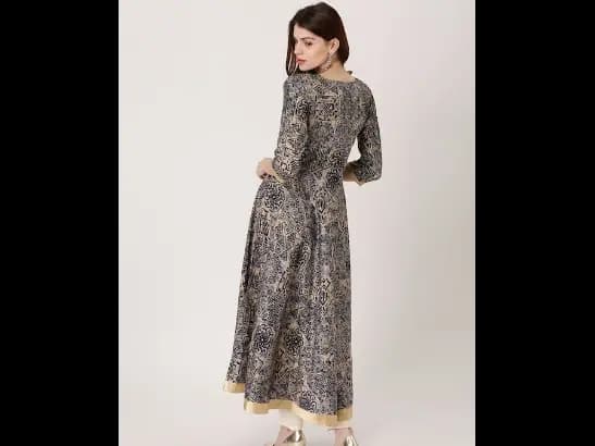 Navy Blue & Beige Printed Anarkali Kurta (4)