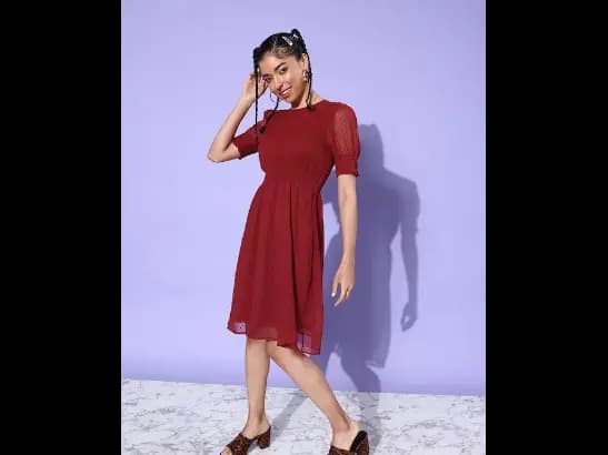 Dobby Puff Sleeves Fit & Flare Dress With Smocked Detail