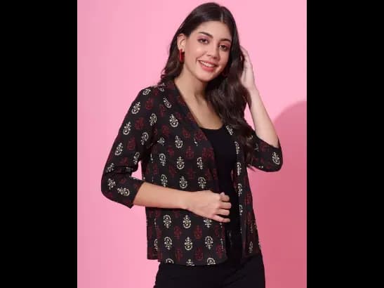 Block Print Relaxed Fit Front-Open Shrug (2)