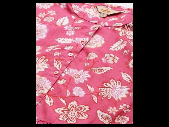 Women Pink & White Floral Printed Gathered Ethnic A-Line Midi Dress (5)