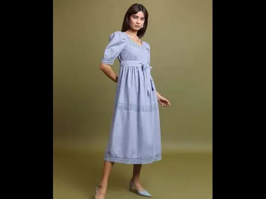 Blue Square Neck Puff Sleeve Tie Up Lace Inserts A-Line Dress (2)