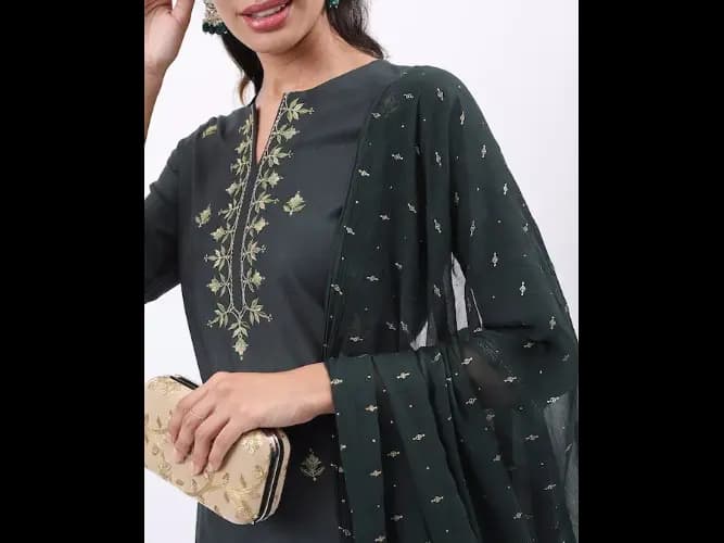Floral Embroidered Thread Work Kurta with Palazzos & With Dupatta (2)