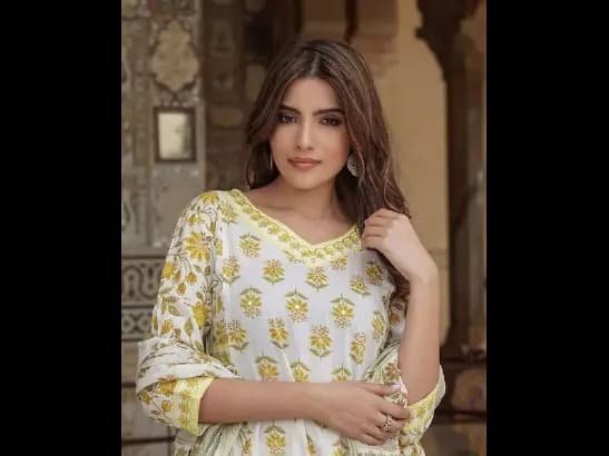 Floral Printed Mirror Work A-Line Pure Cotton Kurta with Trousers & Dupatta (2)
