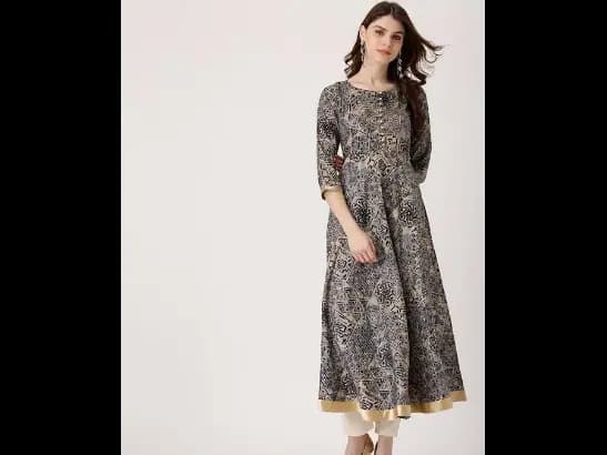 Navy Blue & Beige Printed Anarkali Kurta