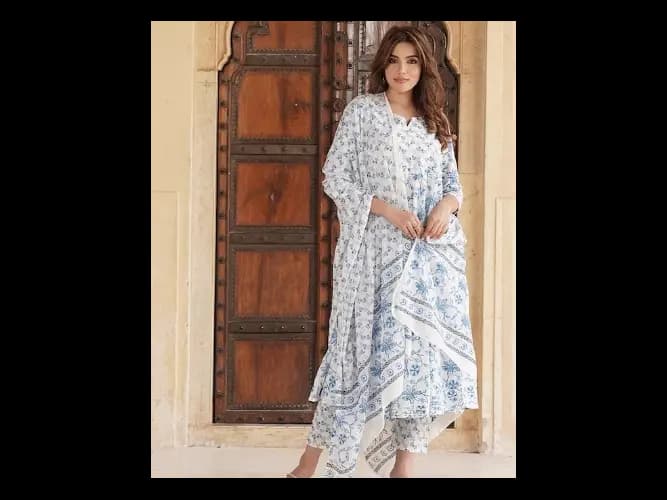 Floral Printed Gotta Patti Pure Cotton Anarkali Kurta with Trousers & Dupatta (2)