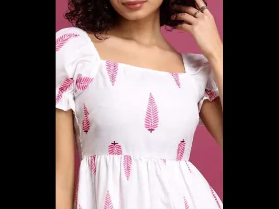 White Ethnic Motif Printed PuffSleeve Fit & Flare Dress (3)