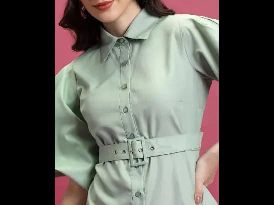 Green Puff Sleeves Shirt Mini Dress (4)