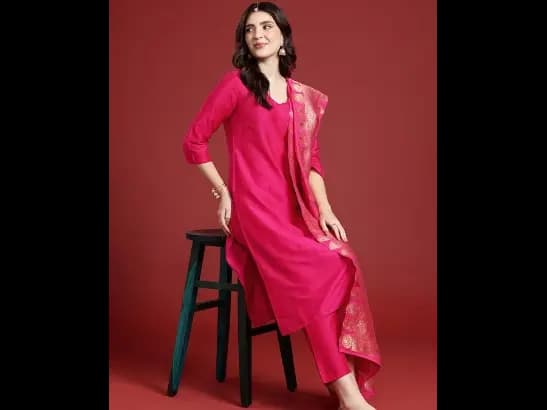 Solid Regular Kurta with Trousers & With Dupatta