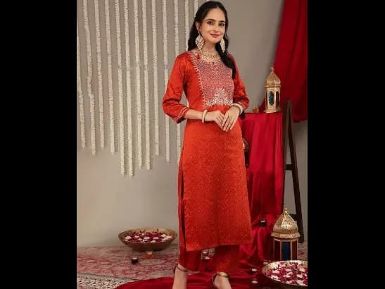 Rust Yoke Design Kurta with Trousers & With Dupatta (2)