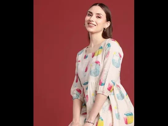 Print Puff Sleeve A-Line Dress (2)