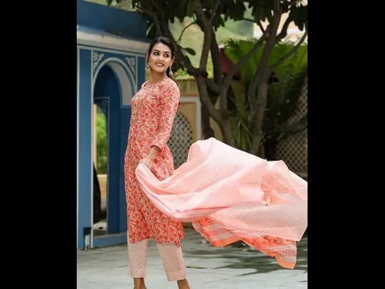Peach-Coloured Ethnic Motifs Printed Kurta with Trousers & With Dupatta (4)
