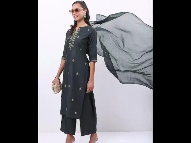Floral Embroidered Thread Work Kurta with Palazzos & With Dupatta (5)