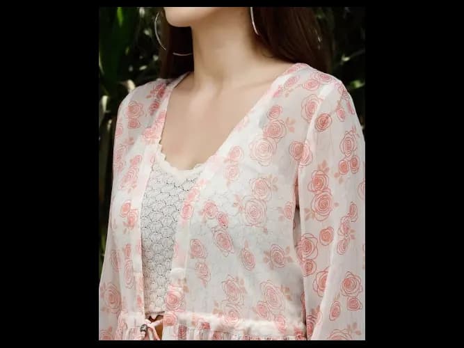 Women White & Pink Printed Longline Tie-Up Shrug (2)