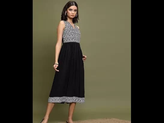 Black Geometric Embroidered A-Line Midi Dress