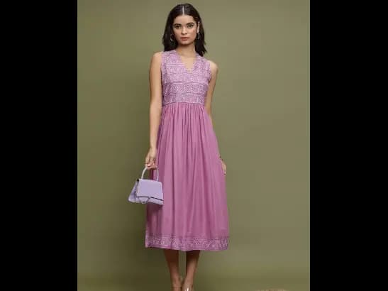Purple Ethnic Motif Embroidered Gathered or Pleated Fit & Flare Midi Dress