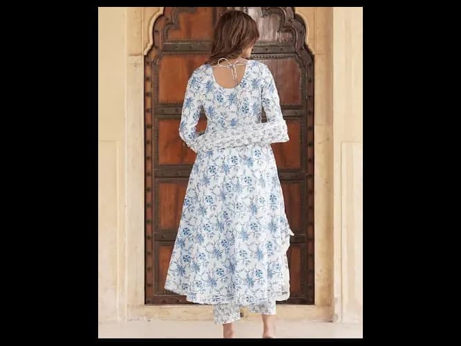 Floral Printed Gotta Patti Pure Cotton Anarkali Kurta with Trousers & Dupatta (5)