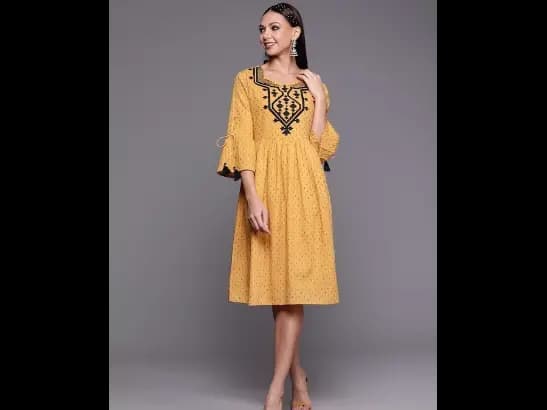 Mustard Yellow Ethnic Motifs Embroidered Ethnic A-Line Midi Dress