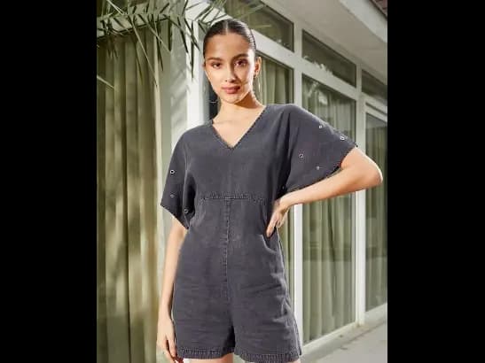 Black solid playsuit ,has a v-neck, short sleeves (2)