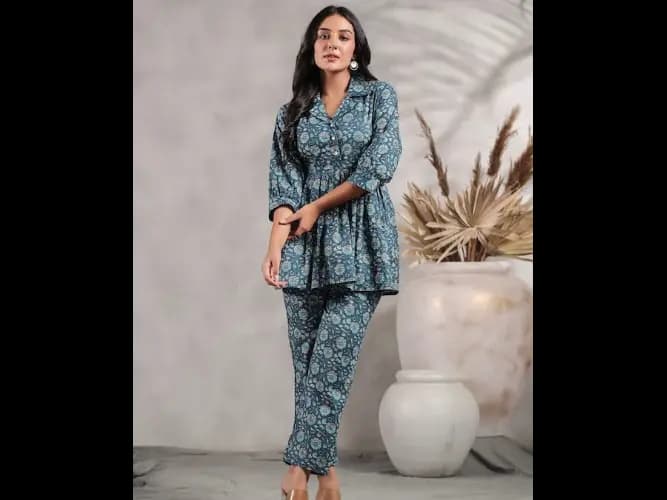 Floral Printed Pleated A-Line Pure Cotton Kurti With Trousers