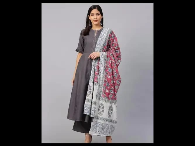 Women Charcoal Grey Solid Kurta with Palazzos & Dupatta